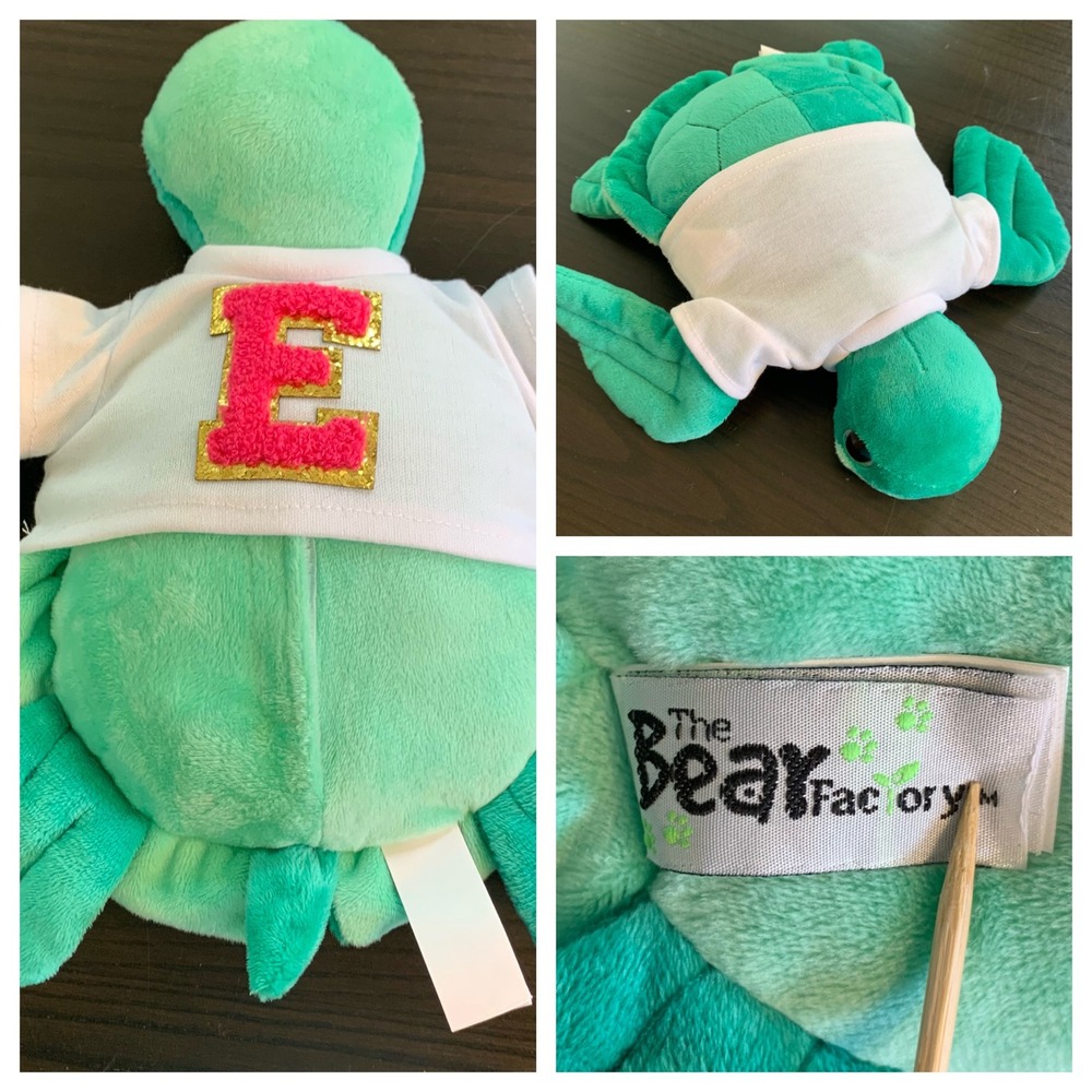 The Bear Factory Green Turtle Plush Toy Stuffed Animal Letter E Shirt Pocket